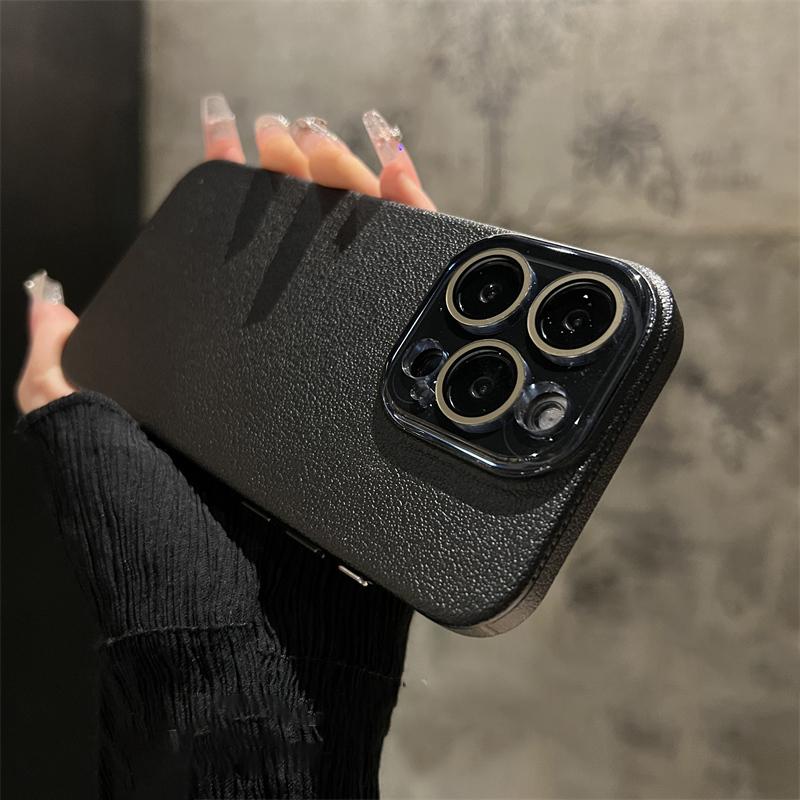 Crystal Glass Lens Protection Lychee Textured Leather Case for iPhone 15 Pro Max 14 13 12 Shockproof Protection Hard PC Cover