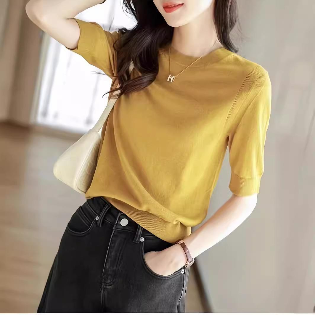 

2024 Элегантный однотонный свитер с короткими рукавами и круглым вырезом для женщин на весну/лето M хаки