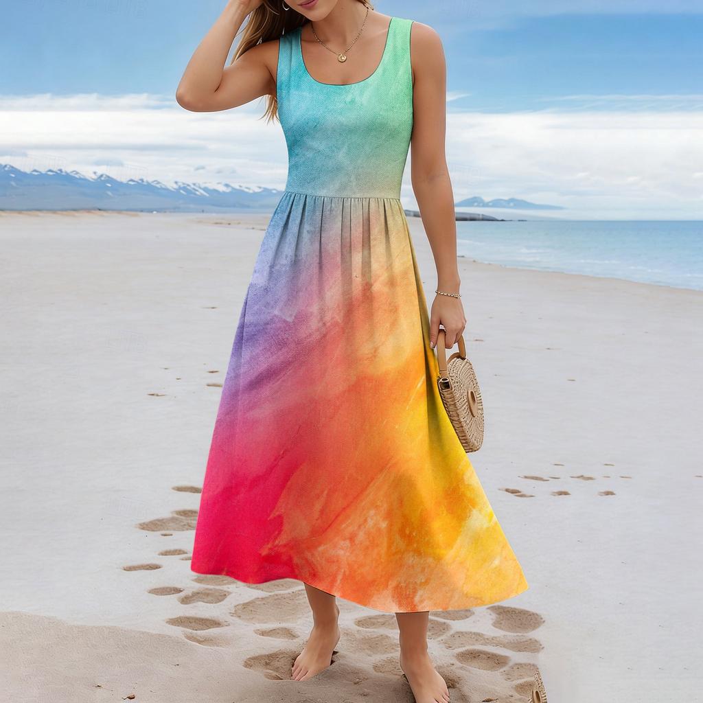 Maxi Abito Senza Maniche con Stampa Sfumata da Donna Estate Casual Vestibilità Larga Girocollo Lungo Abito da Sole Tessuto Leggero