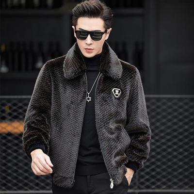 Casaco de inverno masculino pele de lã cortada de ovelha uma peça com capuz de meia idade pai casaco de pele de vison dourado