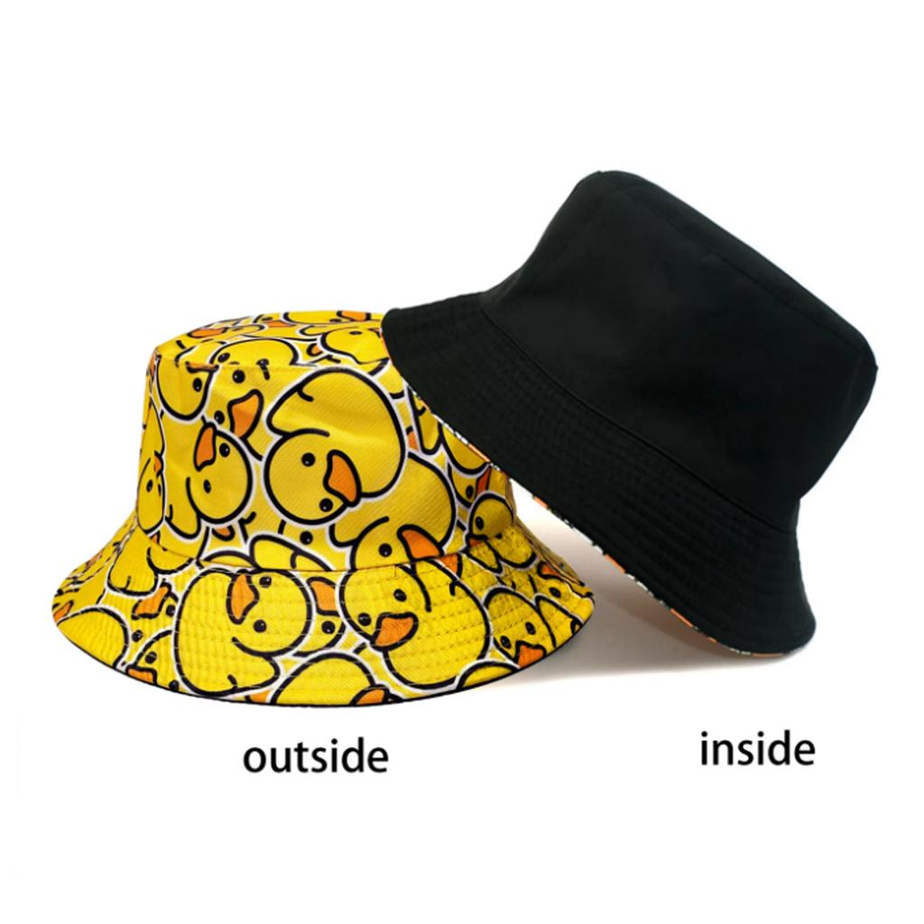 1PC Fashionable Full-Print Duck Casual Bucket Hat Cartoon Print Pattern Bucket Hat Reversible Foldable Lightweight Flat-Top Hat