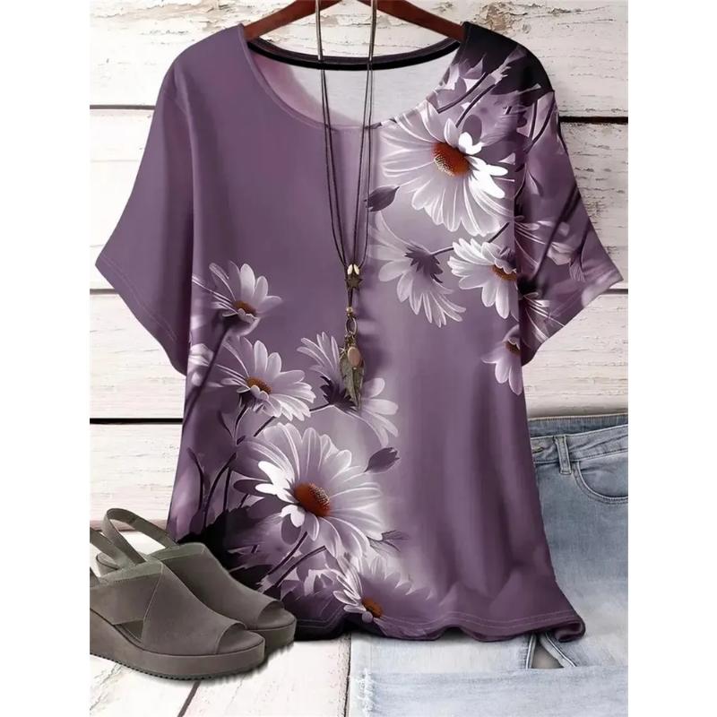 

Fashion women s crew neck short sleeve 3D flower color print crew neck T-shirt XS