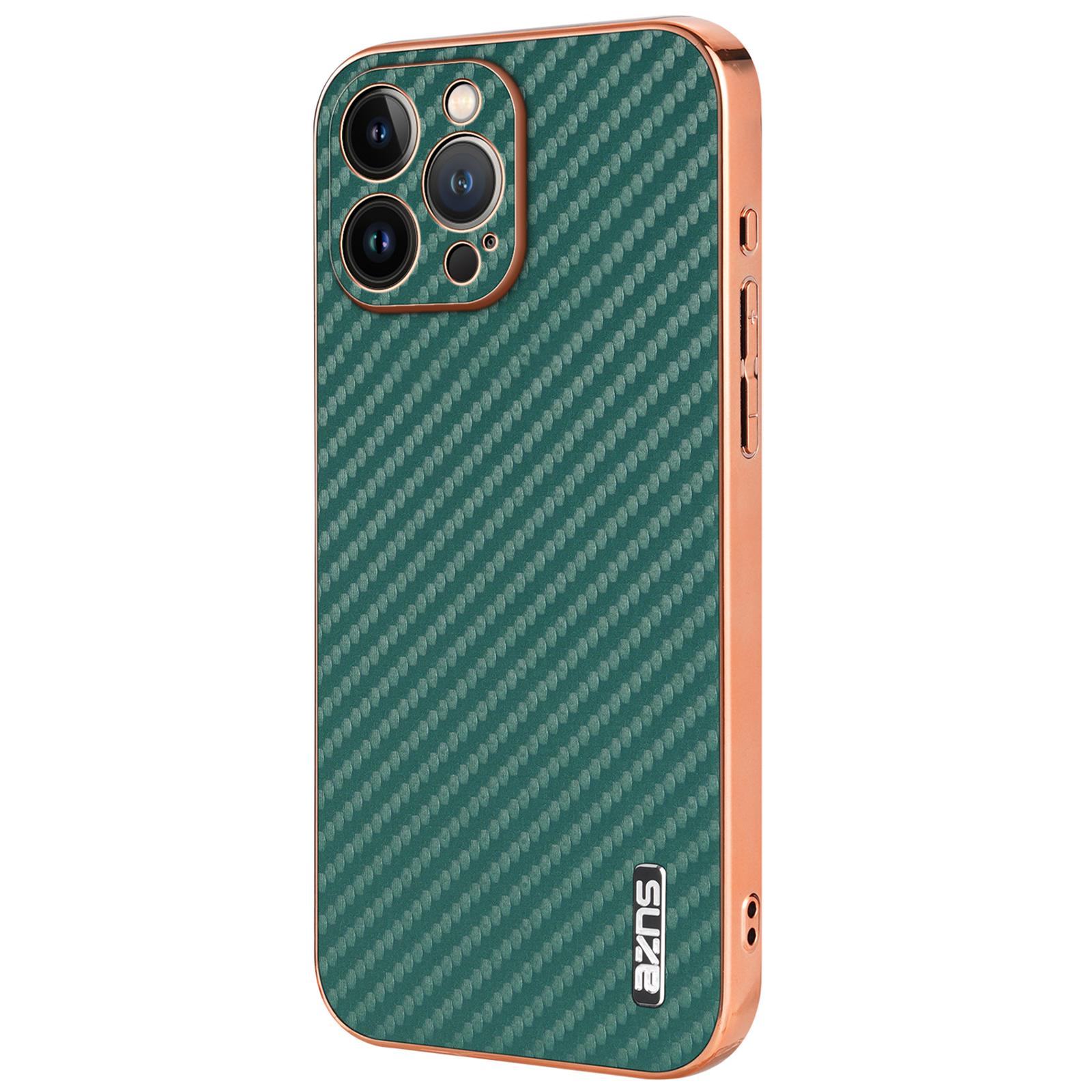 

AZNS For iPhone 13 Pro Max Case Electroplating Carbon Fiber Texture PU+TPU Phone Cover Green