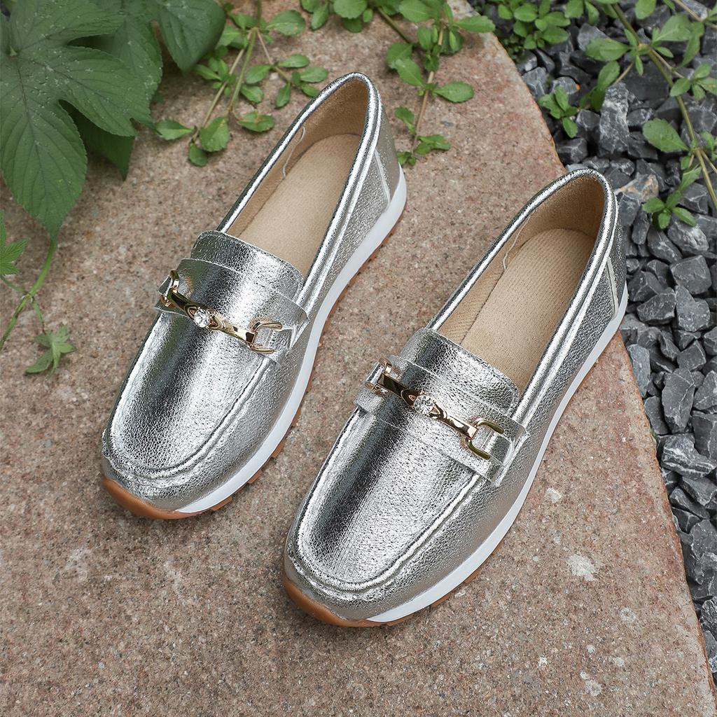 Gold Silver Soft Leather Women Flats Fashion Casual Platform Shoes Woman Slip On Flat Sneakers Ladies Loafers Plus Size 43