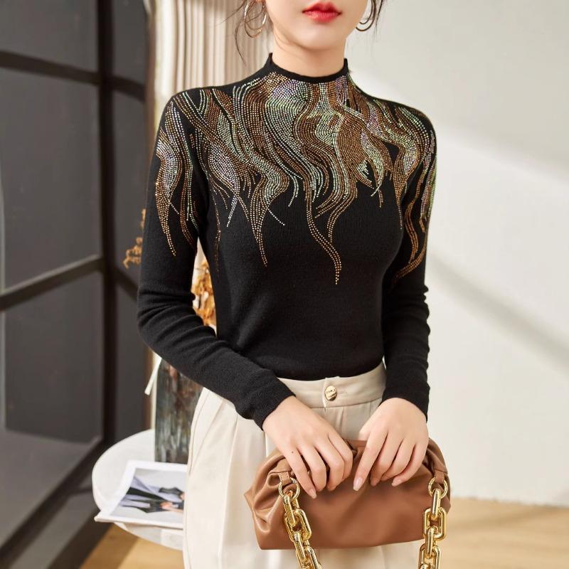 

Design Sense Heavy Industry Diamond-encrusted Silk Sweater Autumn Semi-turtleneck Skinny Bottom Knitted Shirt Women s Top 115 чёрный