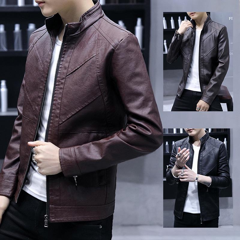 

Осень и зима новая красивая легкая модная повседневная универсальная мужская кожаная куртка куртка со стойкой воротником тонкого приталенного кроя 4XL темно-красного