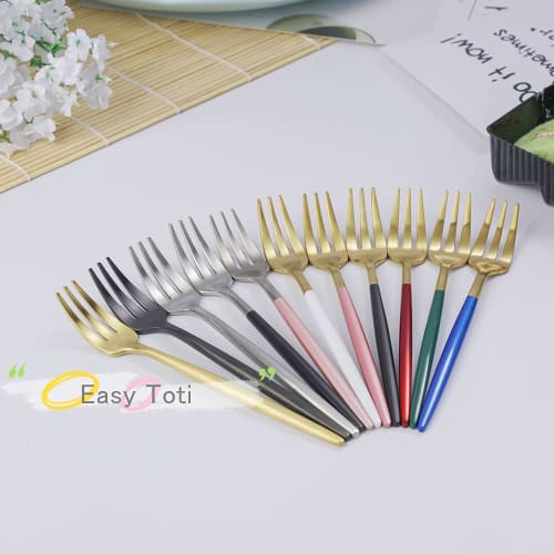 Easytoti 5-Piece Set of 13.5cm Cake and Dessert Forks, Stylish and Cute Mini Forks, 18/8 Stainless Steel, Brushed, Dishwasher Safe, Silver/Black...