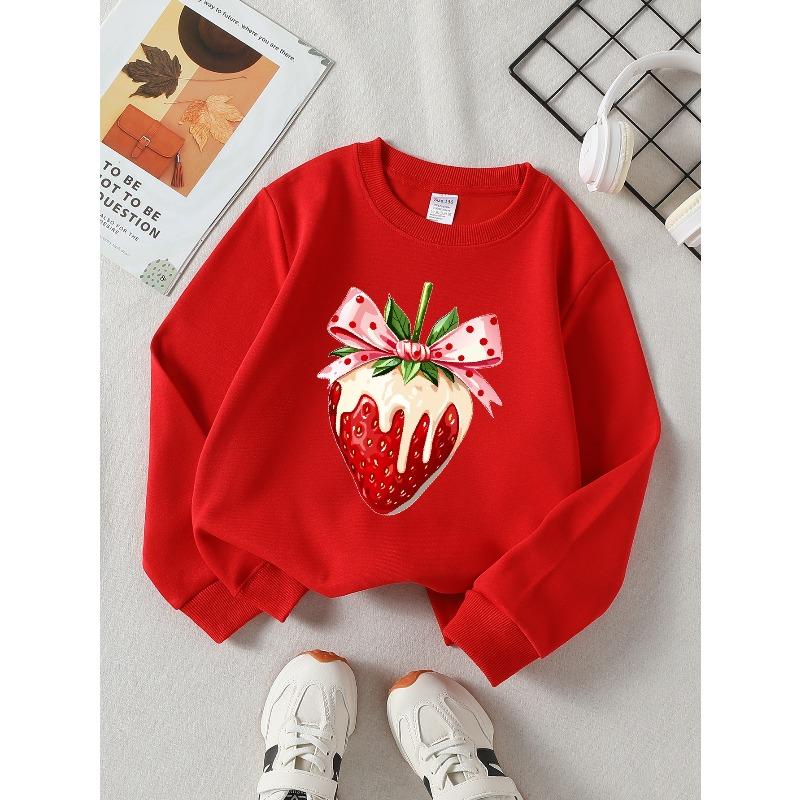 Kids Sweatshirt,Casual Printed Round Neck Pullover, Strawberry with Ribbon And Cream, Autumn And Winter ,Comfortable Warm Fashion Printed Top