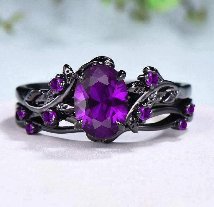 Sanjie European-American Retro Ruby and Gun Black Rose Branch Ring Pair