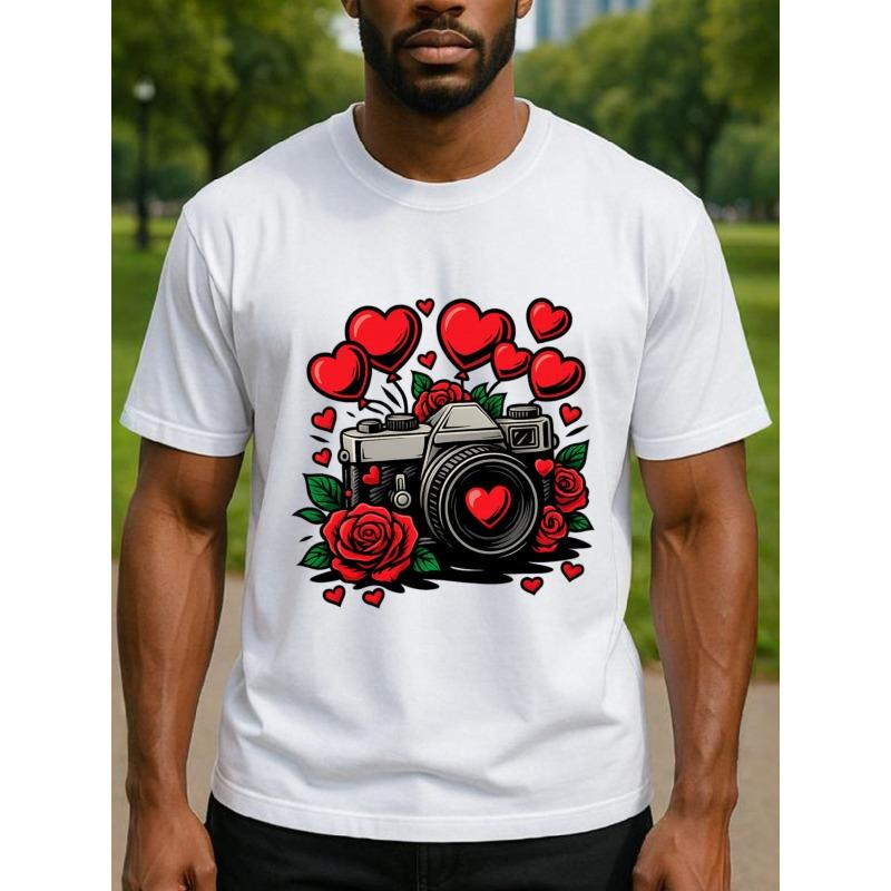 

European sizes Retro Artistic Camera Rose Men S Print Short-Sleeved T-Shirt | Regular Fit, Sweat-Absorbing and Quick-Dryin 4XL