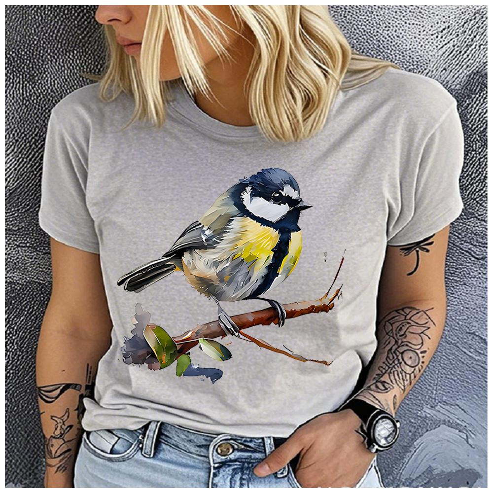 Unisex Polyester 100% Watercolor Hand-Painted Blue Jay Print T-Shirt Loose round Neck Casual Short Sleeve Fashion Top for Summer