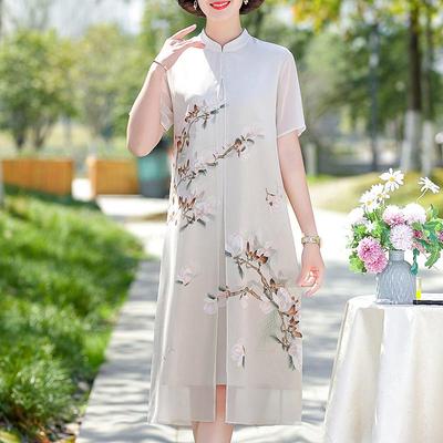 Chinesischer Stil Chiffon Qipao Kleid: Sommer-Zweiteiler-Look für Frauen mittleren Alters & ältere Frauen