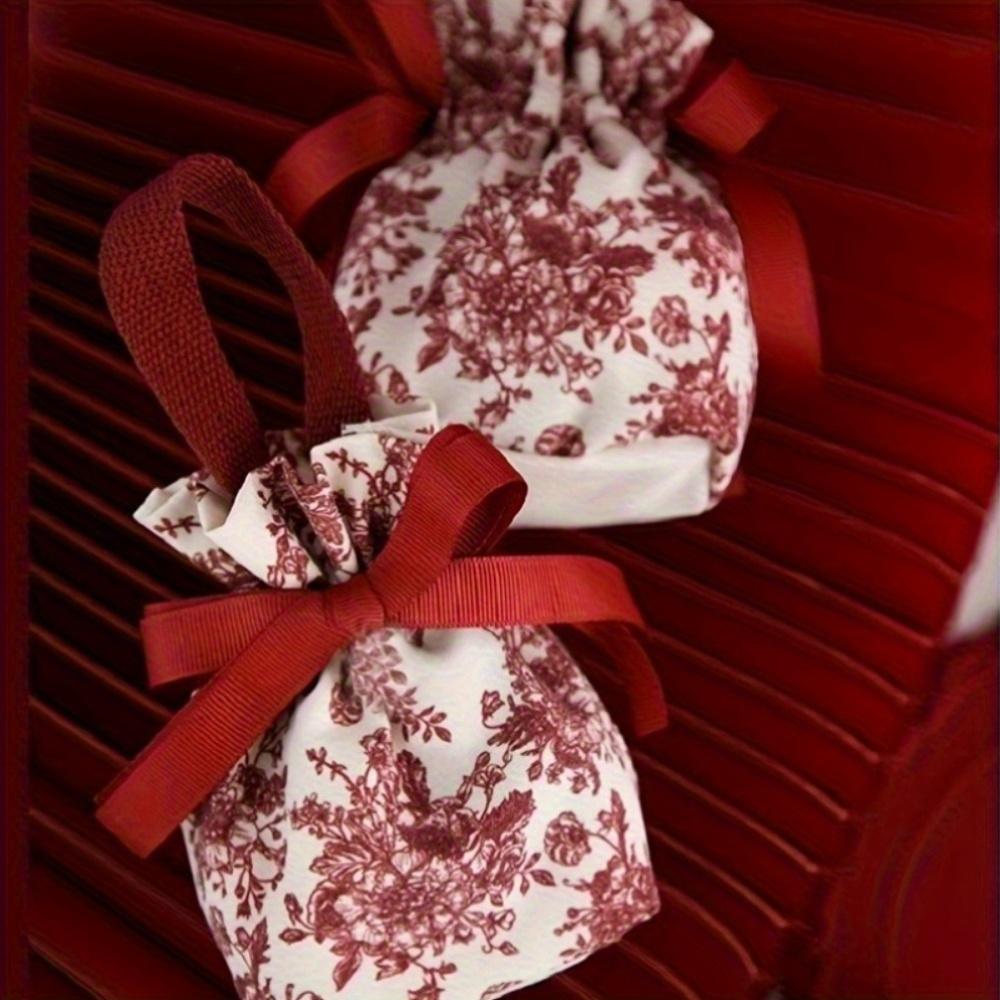 5pcs Elegant Red Velvet Drawstring Gift Bags with Floral Pattern & Ribbon Bow - Soft Reusable Canvas Bags for Jewelry, Candy