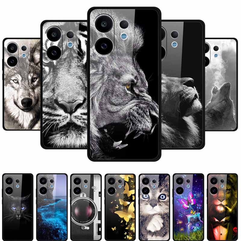 For Vivo V60 5G Glass Case Fashion Cool Animal Tempered Glass Back Cover Case For Vivo V 60 2025 Phone Cases 6.77" Fundas Coques