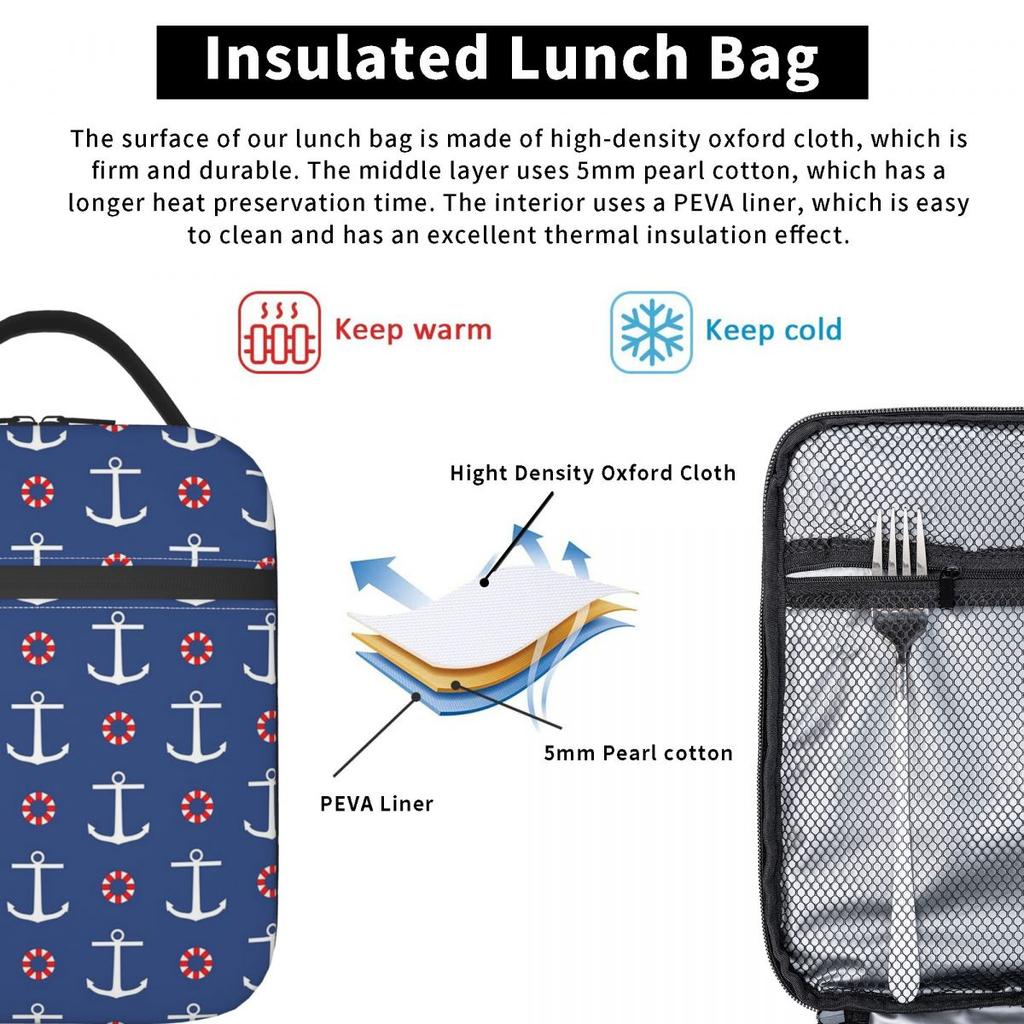 Navy Ship Nautical Anchor And Ship Wheel Ocean Insulated Lunch Bag for Women Kids Leakproof Food Boxes Thermal Lunch Box Tote