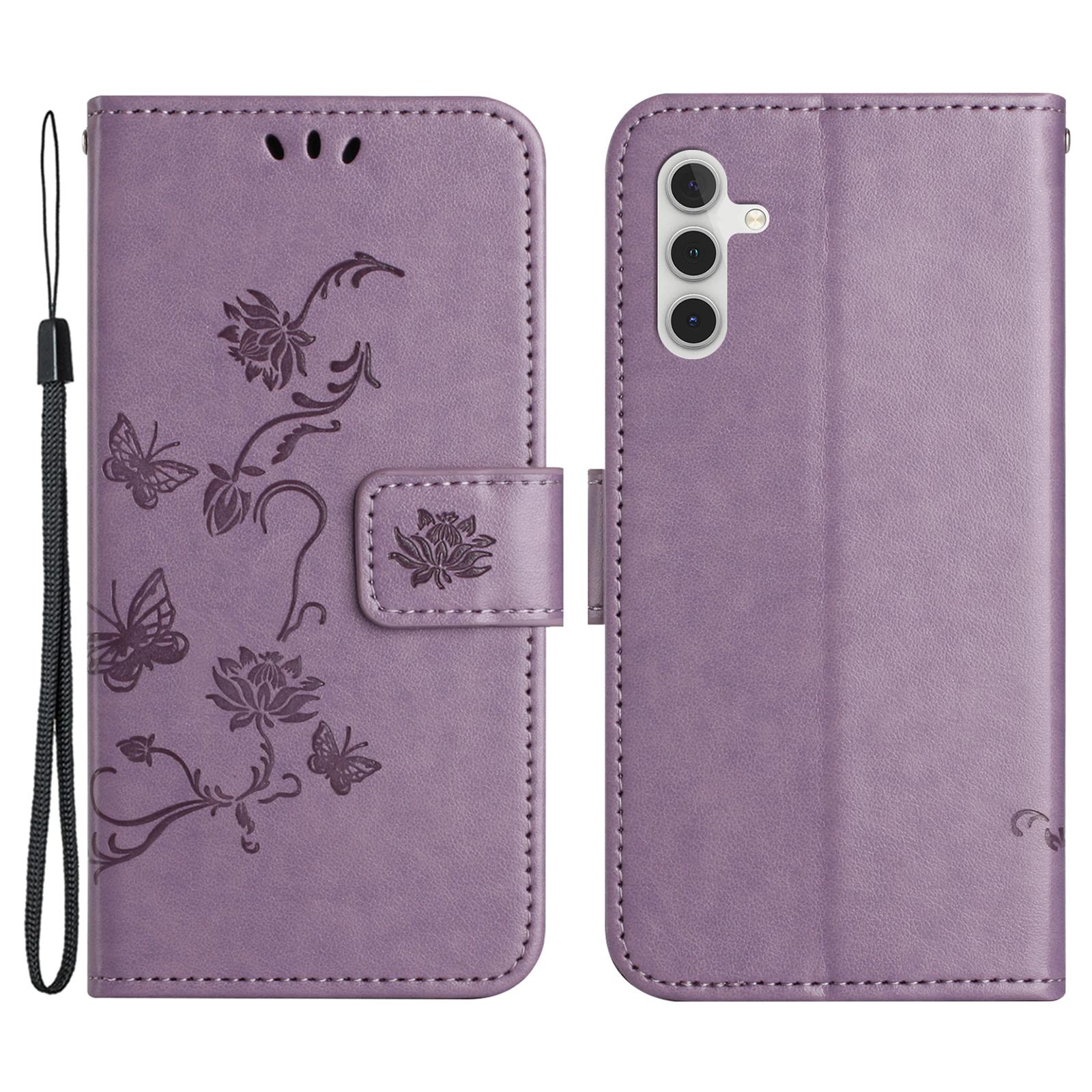 

For Samsung Galaxy S24 FE Case Leather Phone Cover Butterfly Flower Pattern Purple
