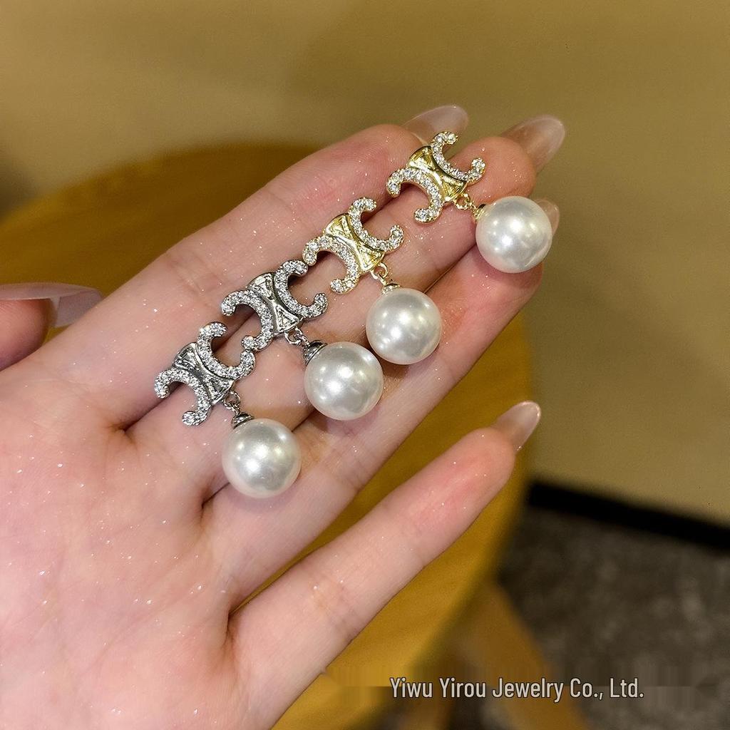 Elegant Pearl Earrings with French Double C Design and S925 Silver Needle