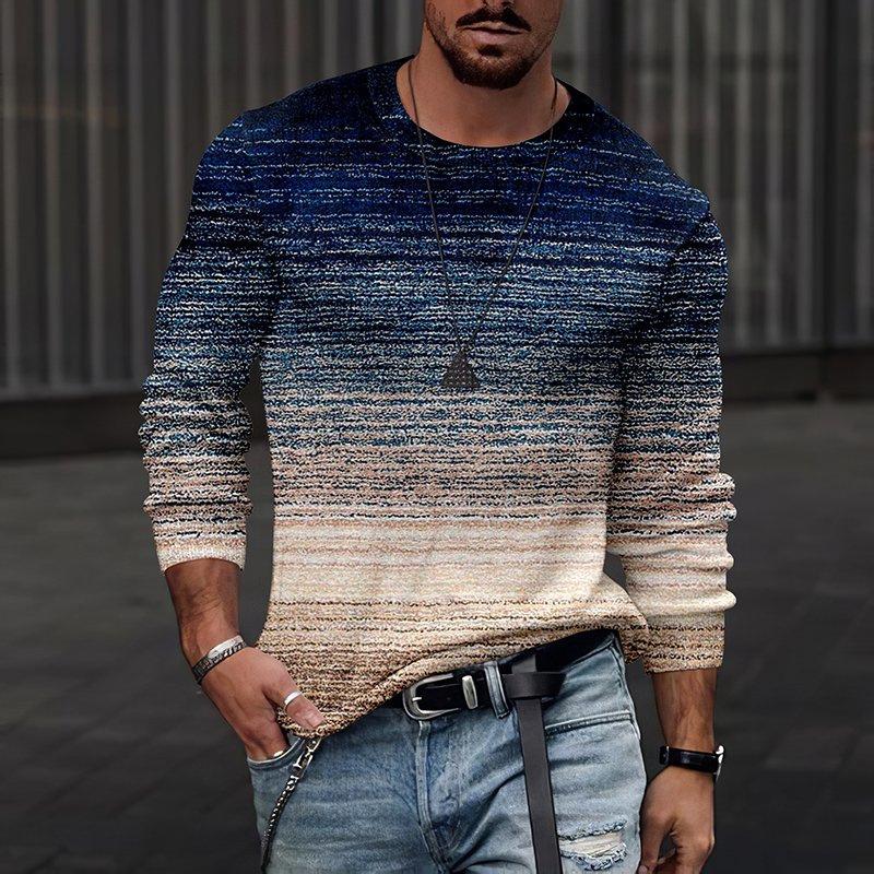 Rundhals 3D-bedrucktes Batik-Streifenmuster Top Modische lässige langärmelige Herren-T-Shirts