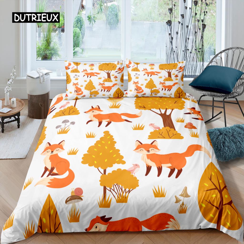 Cartoon Fuchs König Königin Bettbezug Lieblich Orange Tier Floral Bettwäsche Set Kinder Mädchen Blumen Pflanze 2/3tlg. Polyester Steppdeckenbezug