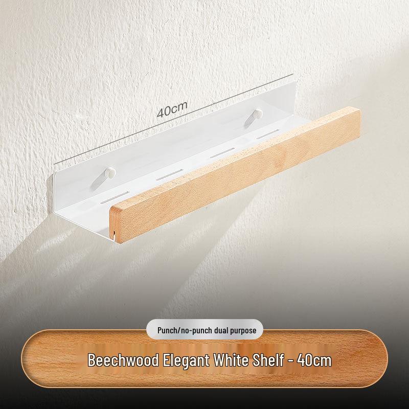 Vit Japansk Väggmonterad Massivt Trä Badrumshylla: Hålfri förvaringshylla för toalett & tvättställ