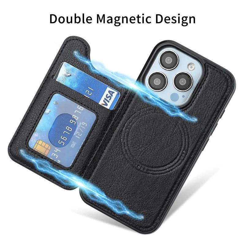 For Magsafe Magnetic Leather Phone Case for IPhone 17 Air 16E 16 15 Plus 14 13 12 Pro Max Wallet with Card Holder Cover