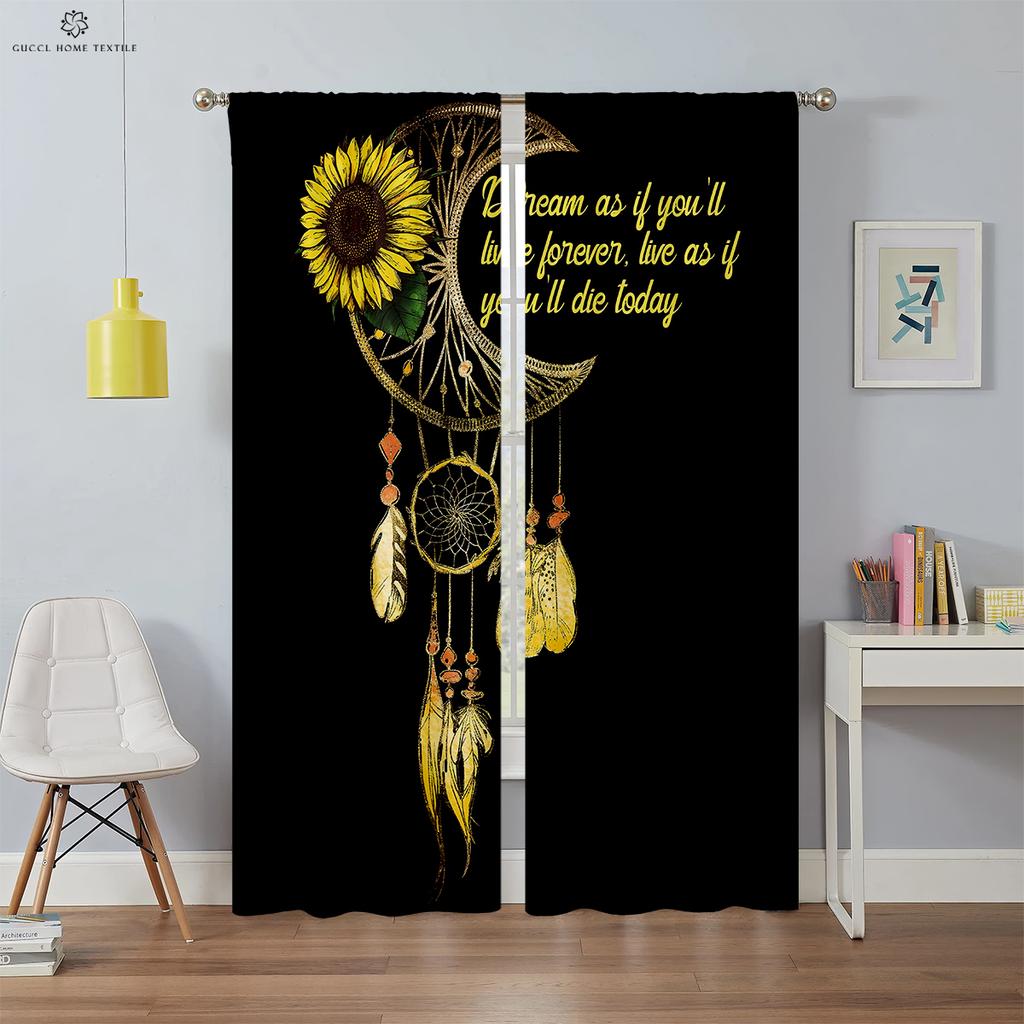 Retro Floral Sunflower Drapes Creative Letters Fashionable Print Curtains Bedroom and Living Area Ornamental Curtains
