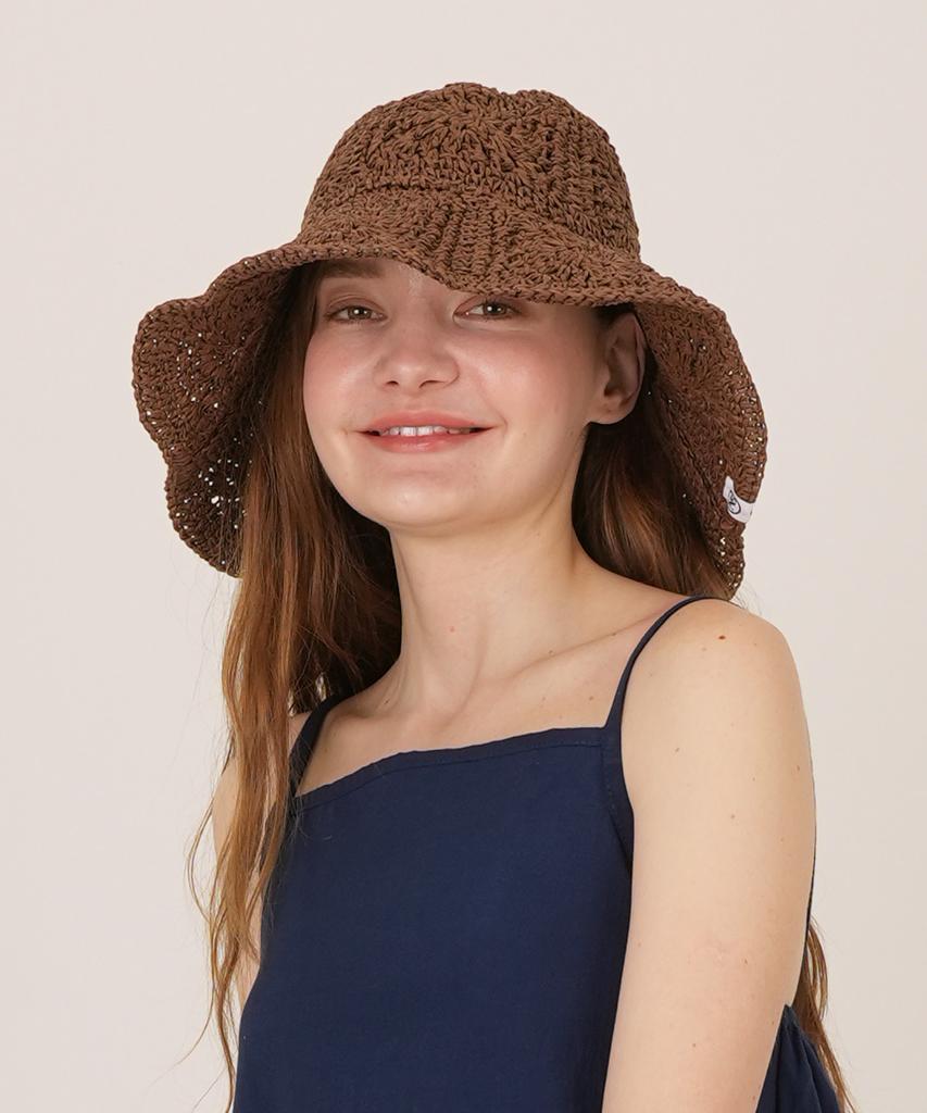 THE-ABON Beach Pio Lace Knit Bucket Hat Brown