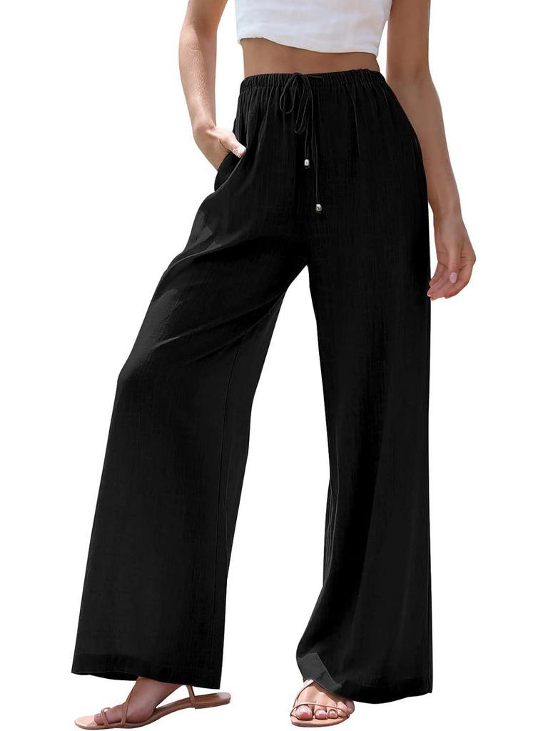 2024 Women's Linen Wide-Leg Drawstring Beach Pants with Pockets - European and American Style