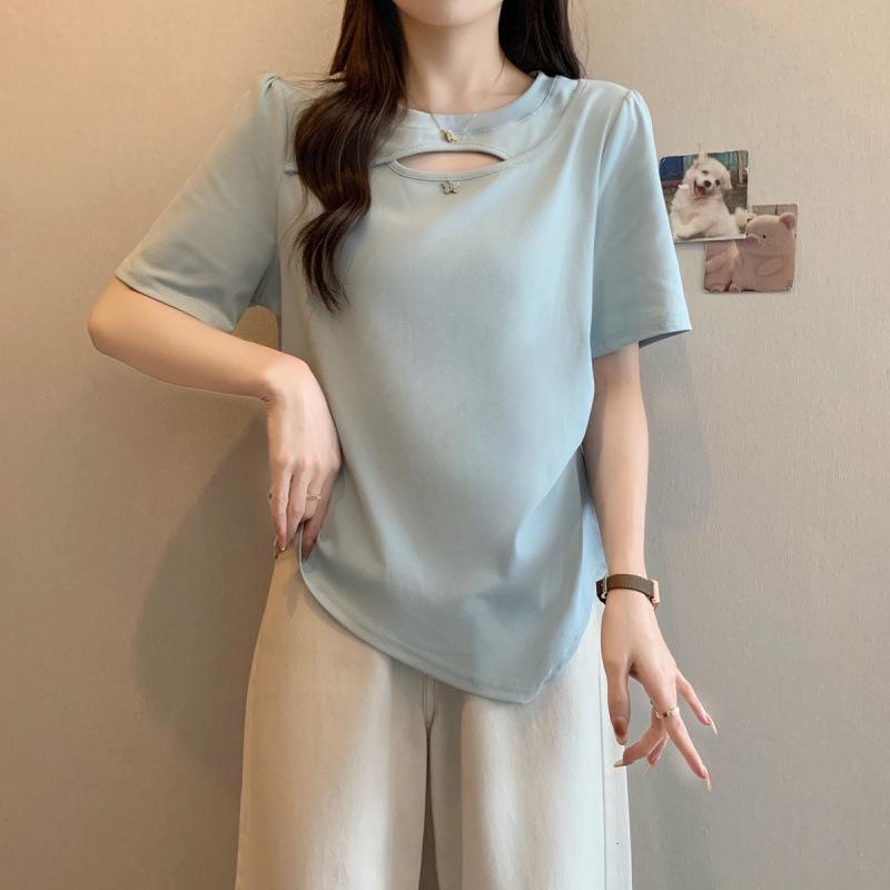 2026 Summer Plus Size Women s Hollow-Out Shoulder Cinched Waist Pleated Irregular Short Sleeve Top 2XL