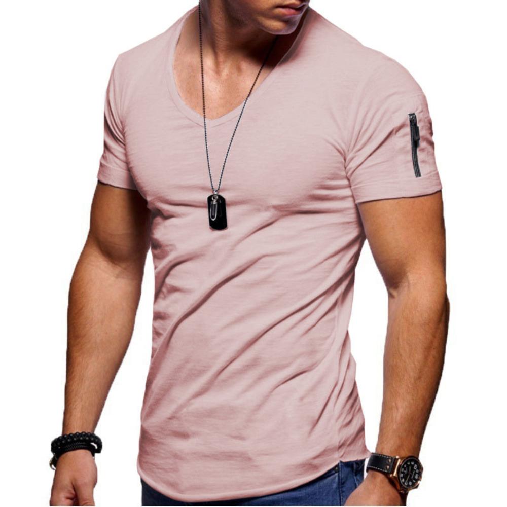 King Billion Heren V-hals Casual T-shirt Effen Kleur Slim Fit Gym Sport Mode Rits Design Korte Mouw T-shirts Zachte Comfortabele Tops M lichtroze kleur