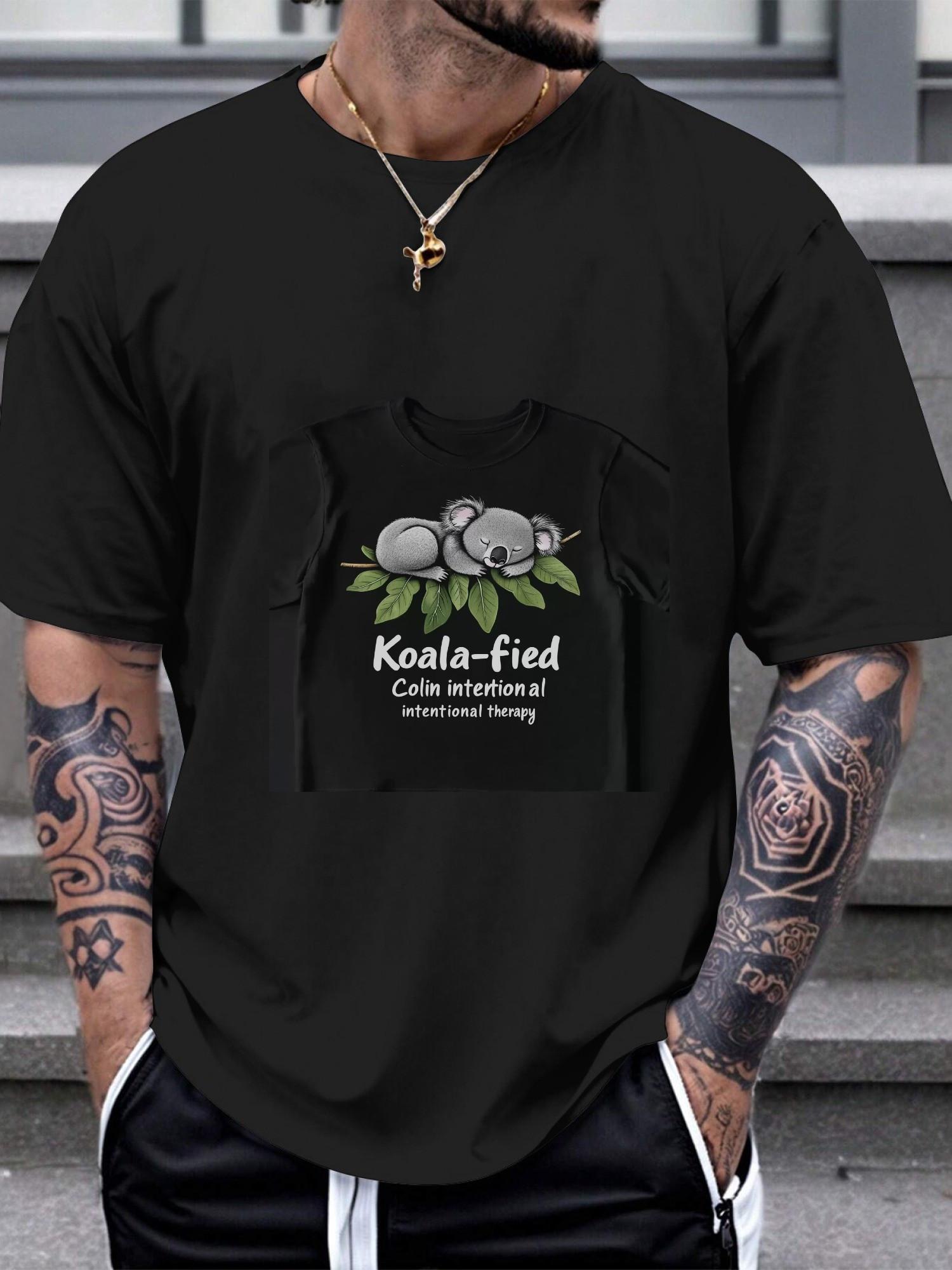 

1pc Casual Koala Graphic T-shirt - 180g Cotton Crew Neck Short Sleeve Tee with Cute Baby Koalas & Eucalyptus Leaf Design L