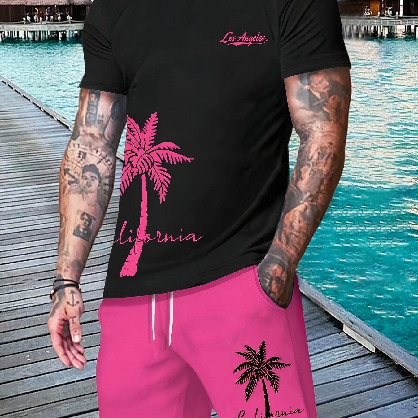 Men s Casual Sports Suit Gradient Flower Printed Short Sleeve Tee And Solid Shorts Summer Breathable Two Piece Set For Men Hawaiian Style S розовый