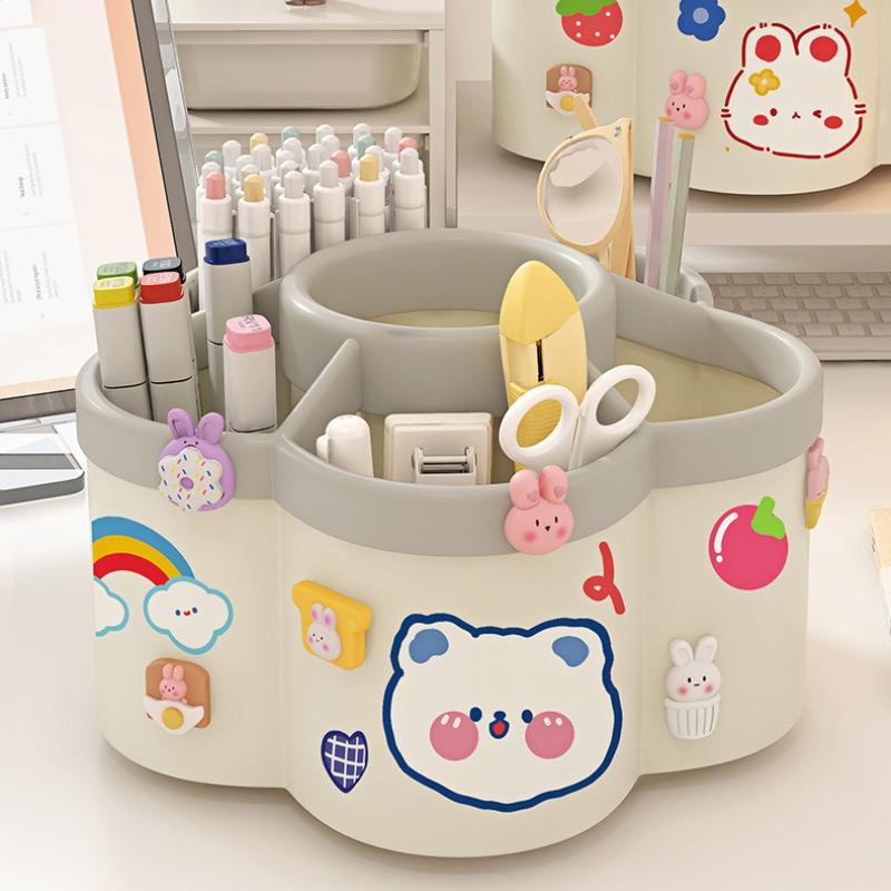 Pen Holder for Desk, 360°Rotating Pencil Pen Holder,Pen Organizer with 6 Slots, Large-capacity Desk Organizer,Home Use (Beige)