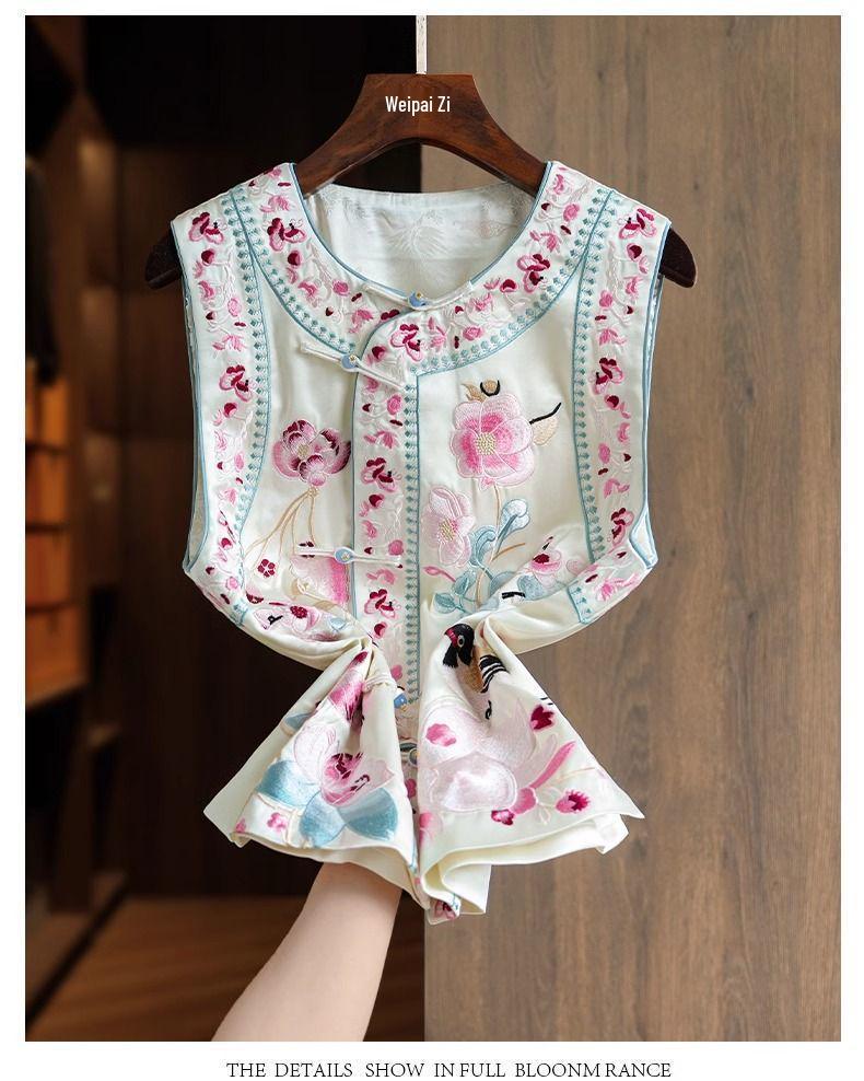 Dámský retro kardigan bez rukávů: Čínský styl s těžkou výšivkou a žabkovým zapínáním - Všestranná jarní/podzimní vesta