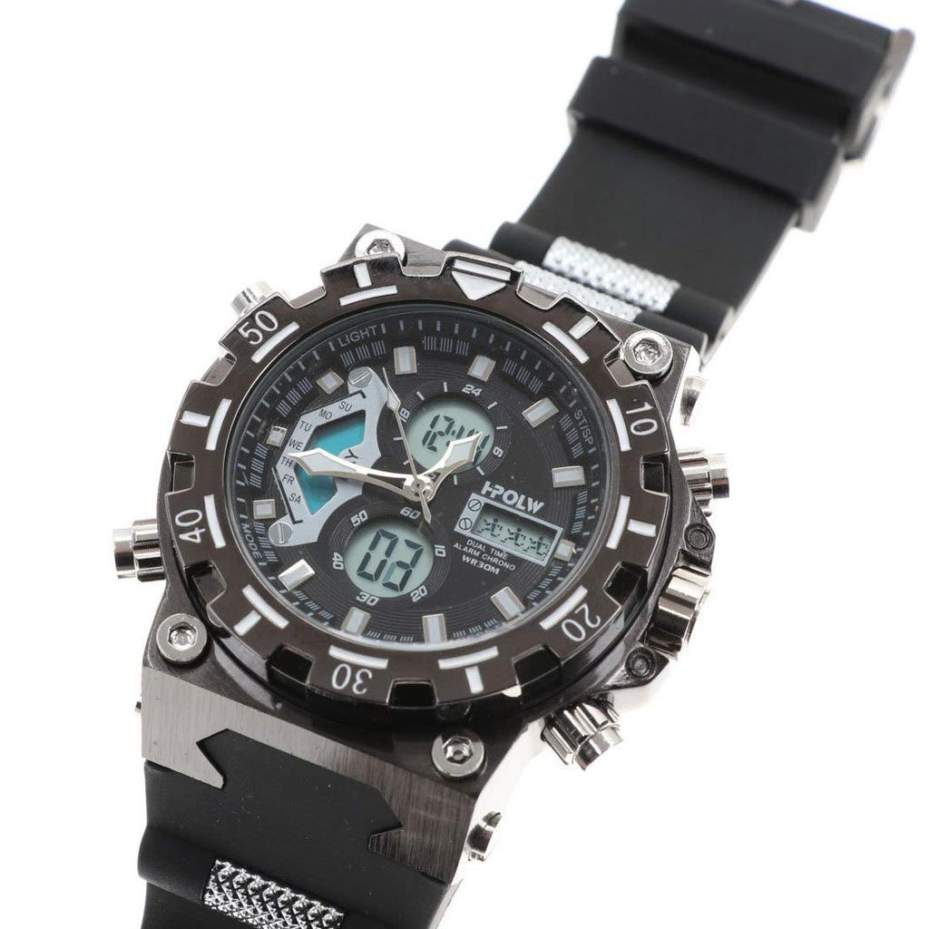 HPFS Herren Analog-Digital-Uhr, Wasserdicht, Monatsanzeige, Datumsanzeige, Wochentagsanzeige, Dreifachkalender, Wecker, Stoppuhr, Hintergrundbeleuchtung,