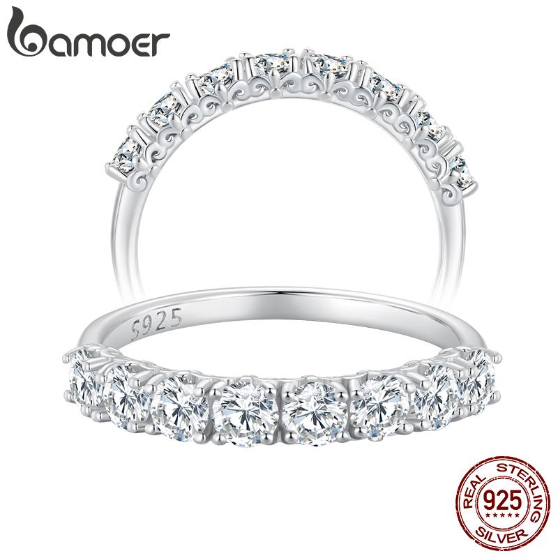 BAMOER Iris Moissanite Ring Lace Band 925 Silver Half Eternity Stackable Ring D Color for Women Engagement Retro Gift