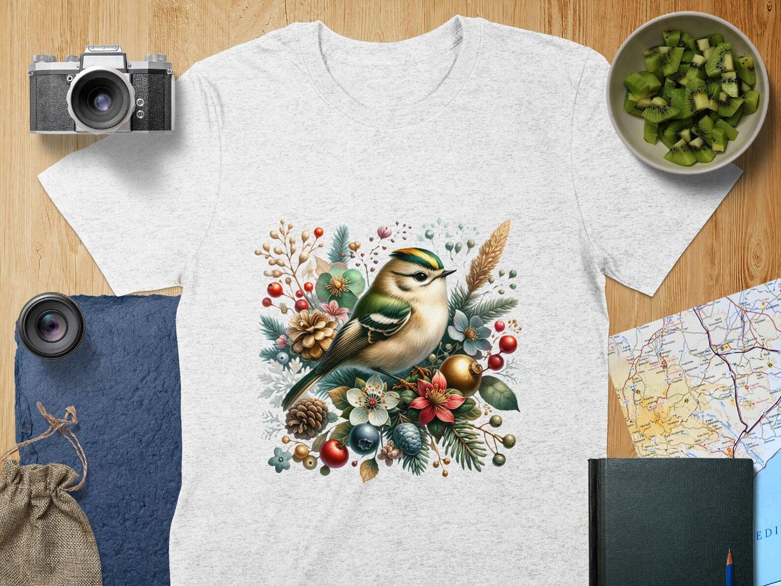 Golden-crowned Kinglet Colorful Bird T Shirt, Floral Bird T Shirt, Winter Bird Lover Gift, Bird Watcher Shirt, Floral Winter Bird Tee 4XL