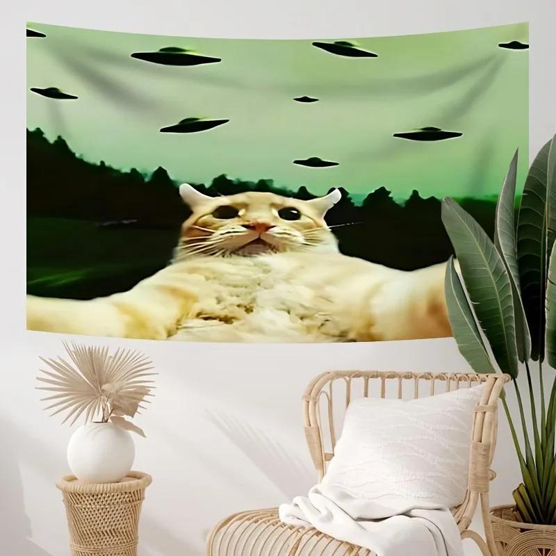 Funny UFO Cat Selfie Tapestry Viral Meme Print Polyester Wall Hanging for Living Room Hilarious Alien Invasion and Cat Lover T
