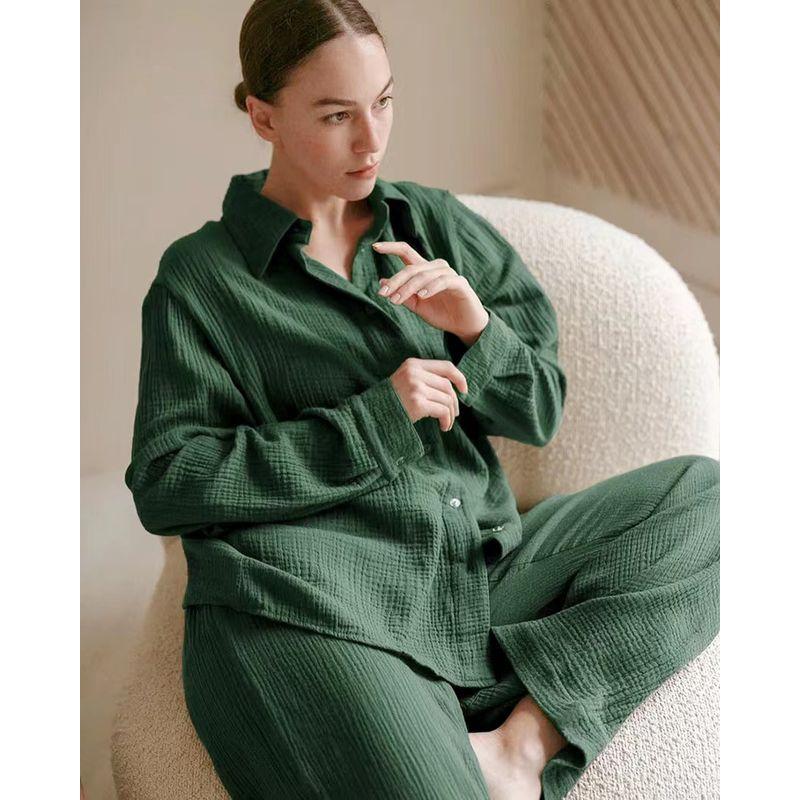 

Fashion Long Sleeves Double-Layer Gauze Loose Shirt Pants Suit Baggy Shirt Long Pants Suit Green S