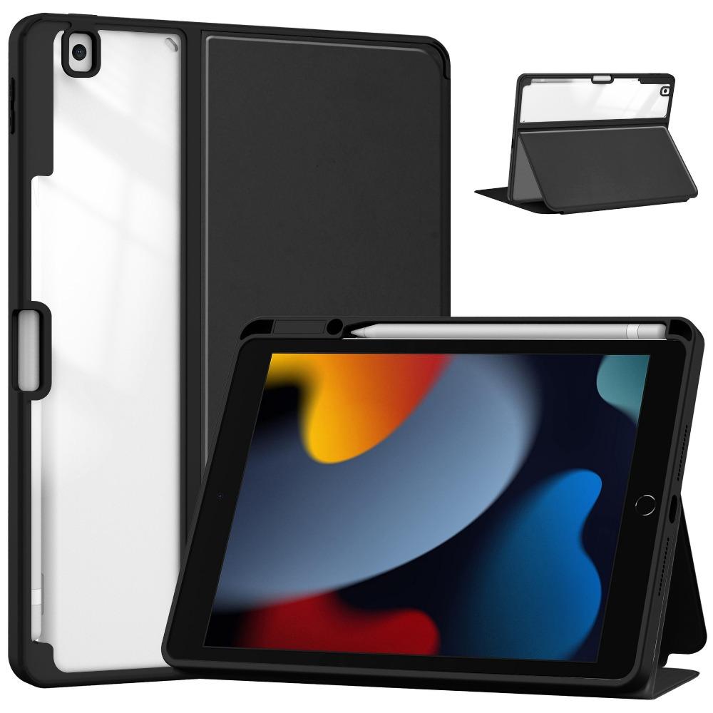 For iPad 10.2 Protective Case Transparent Stand Cover with Pencil Slot for iPad 7 8 9 Foldable Book Style Shell
