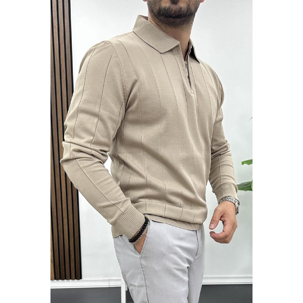 Men's Half Zipper Polo Neck Seasonal Sweater Navy Blue Edw195