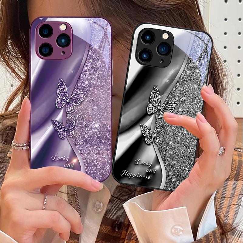 Goldener Schmetterling für iPhone 16 Pro Max 15 Pro 14 13 12 Mini 11 XS Max XR 7 8 Plus SE 2022 Gehärtetes Glas Handyhülle