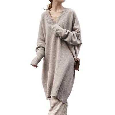 MEME XTRA Knit Sweater Long Loose Korean Plus Sizes Solid Office One Size Fits All Women's V-Neck Dress, Sleeve, Autumn/Winter Top, Fit, Style, Long,