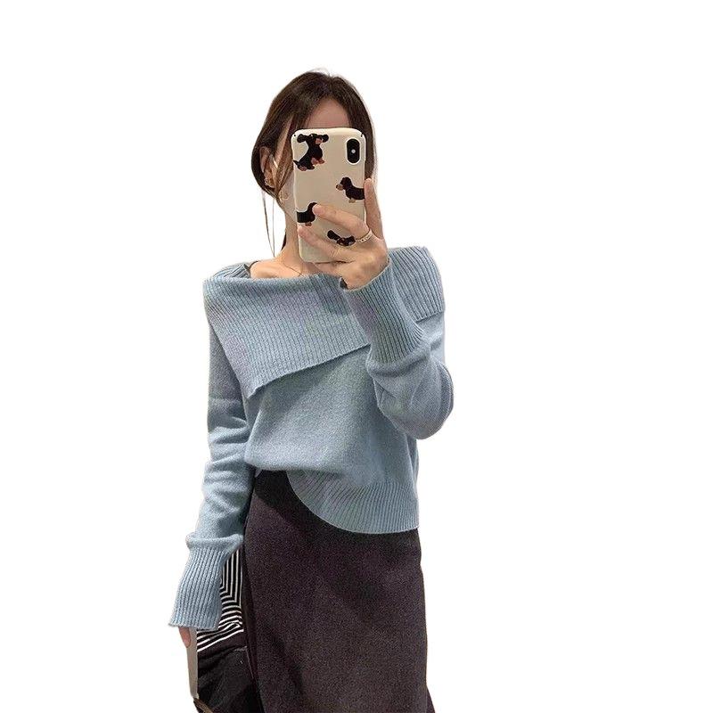 2024 Autumn/Winter French Knitwear: Women's Korean Fashion One-Shoulder Clavicle Lapel Base Shirt