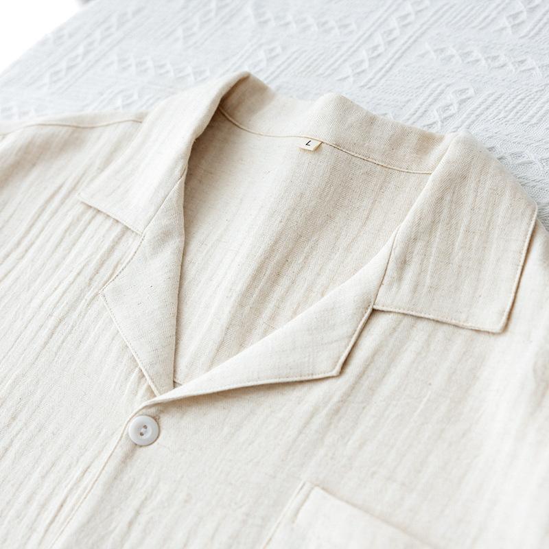 Reine Baumwolle und Leinen Revers Pyjama-Set Herren Vier-Jahreszeiten Dünn Langarm Hose Baumwolle Doppellagige Gaze Papa Loungewear
