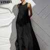 VONDA Summer Women Round Neck Sleeveless Solid Color Holiday Beach Long Pleated Dress