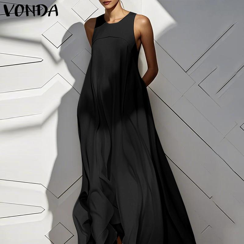 VONDA Summer Women Round Neck Sleeveless Solid Color Holiday Beach Long Pleated Dress