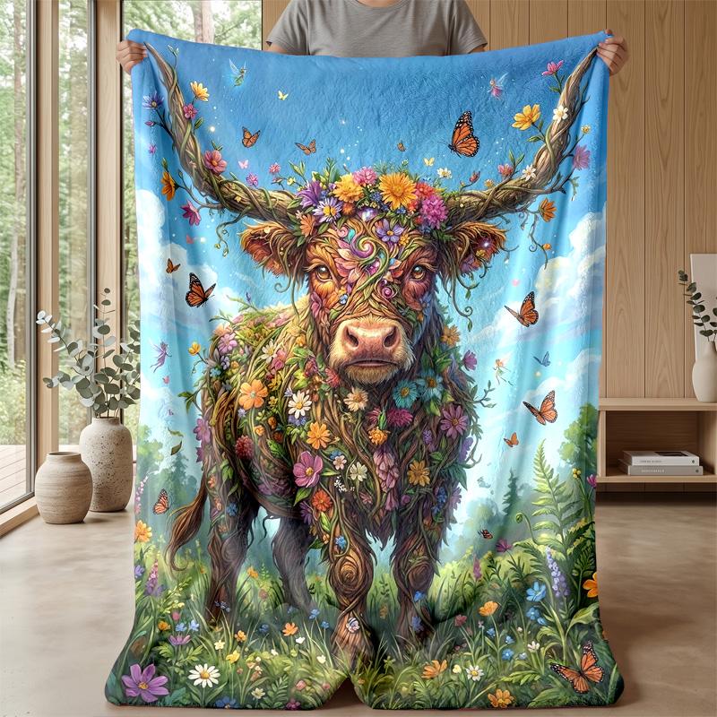 Fairy Highland Cow with Rainbow Theme blanket Lightweight Warm Flannel Blanket Decorative Throw Blanket for Home Decoration