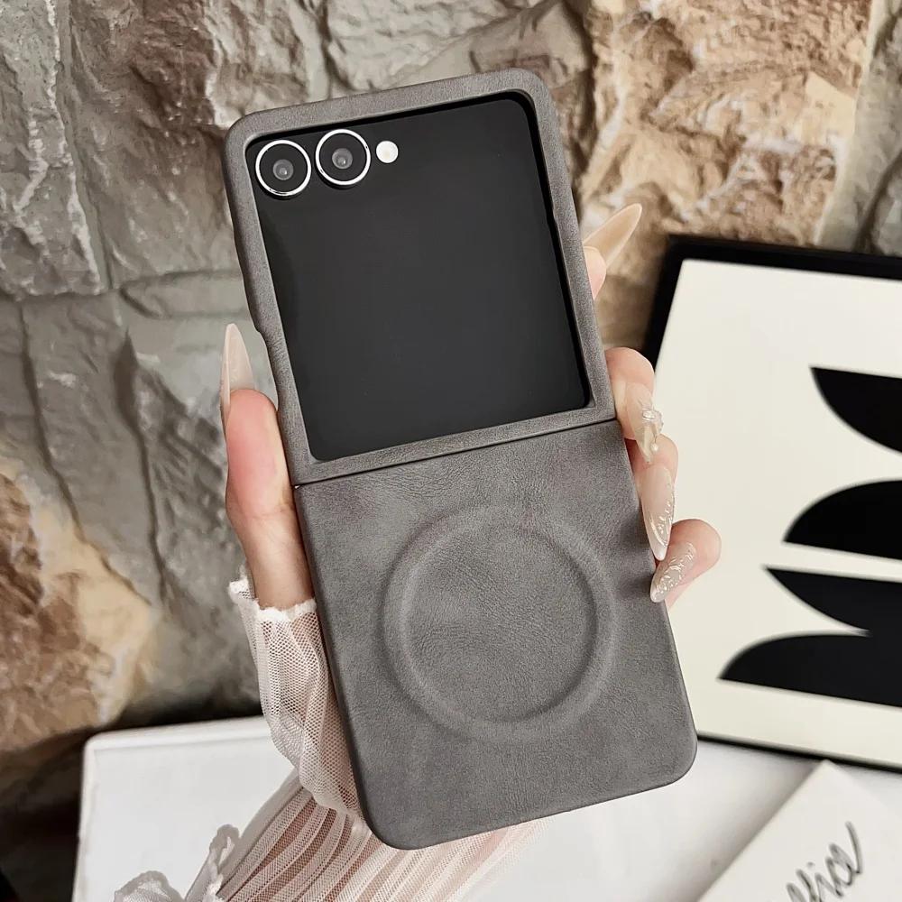 Flip7 Lambskin Magnetic Phone Case For Samsung Galaxy Z Flip 8 7 6 5 4 3 Sheep Skin For Magsafe Wireless Charging Matte Coque