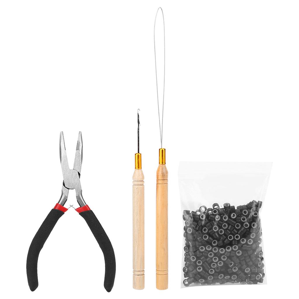 3Color 4Pcs Hair Extension Kit Pulling Needle Hook Wig Connect Pliers 500pcs Micro Rings